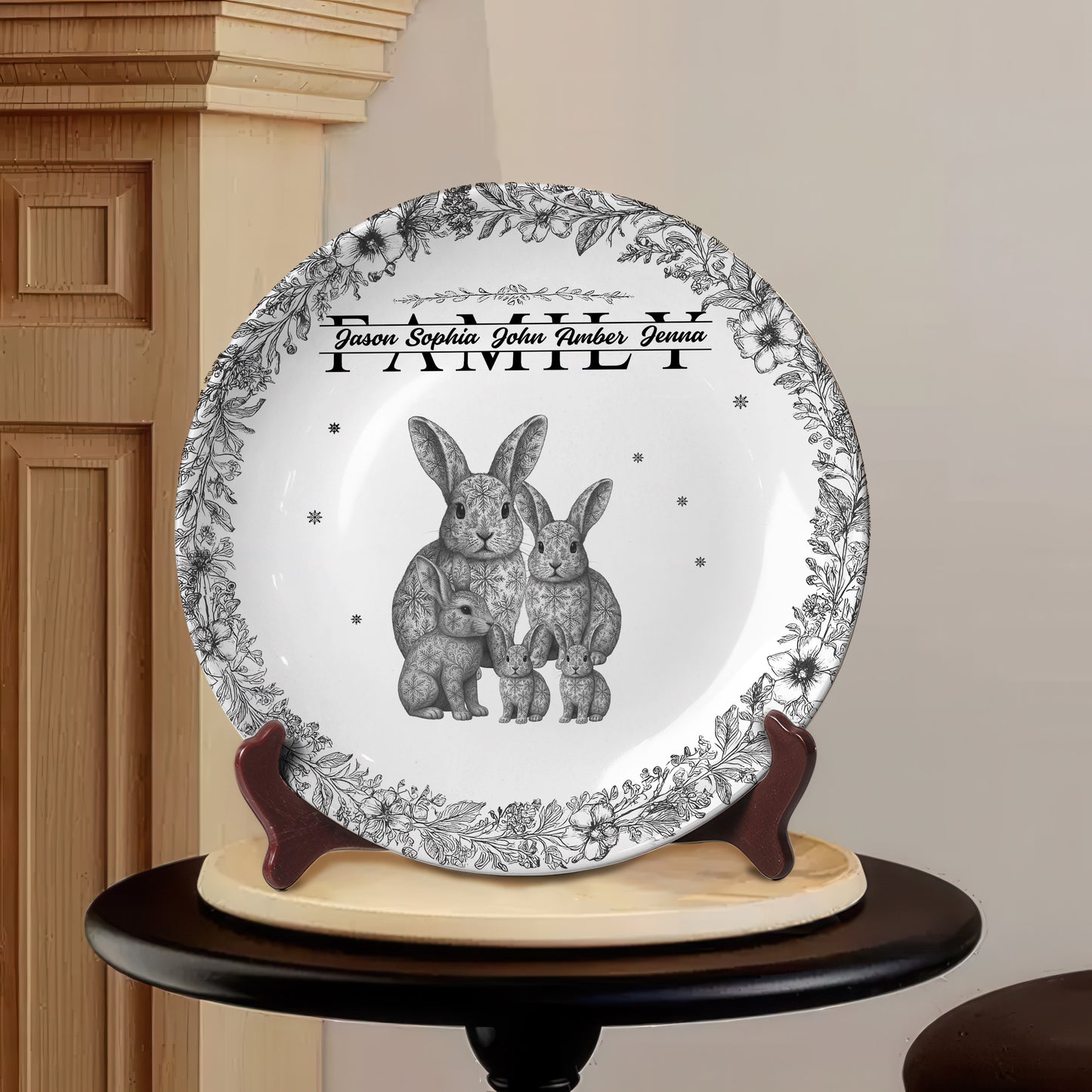 Custom Rabbit Family Ceramic Plate with Stand – Personalized Gift for Home & Family Decor