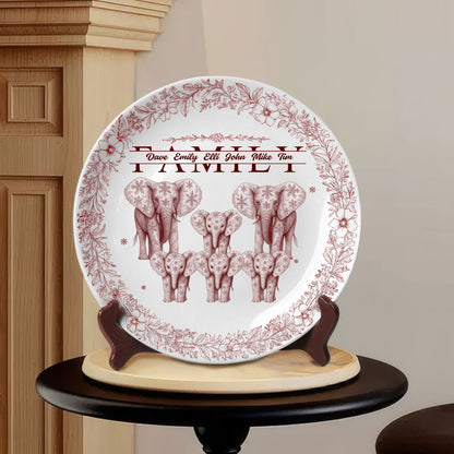Custom Elephant Family Ceramic Plate with Stand – Personalized Gift for Home & Family Decor