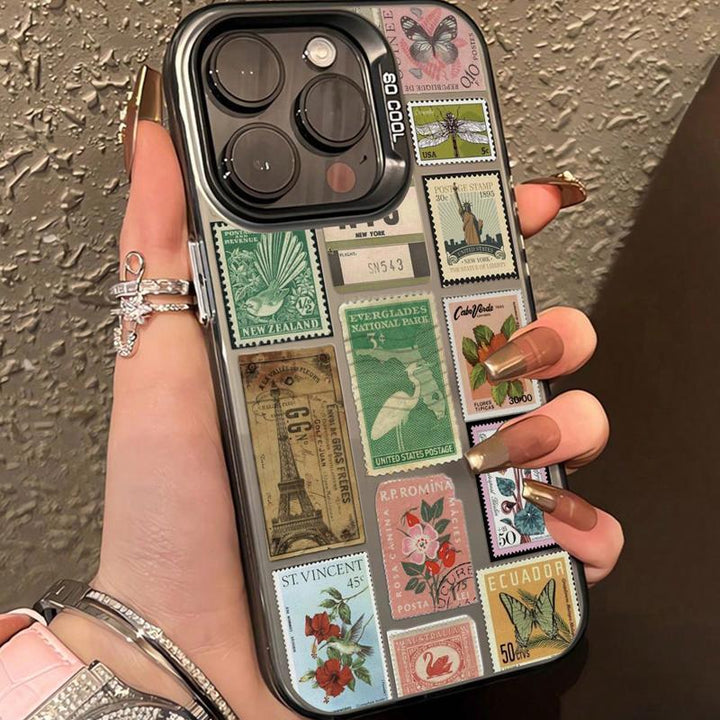 Vintage Retro Postage Stamp pattern IMD Phone Case, Shockproof Anti-drop For iPhone X 11 12 13 14 15 16 Pro Max Plus Samsung Galaxy S24.99 S24 S23