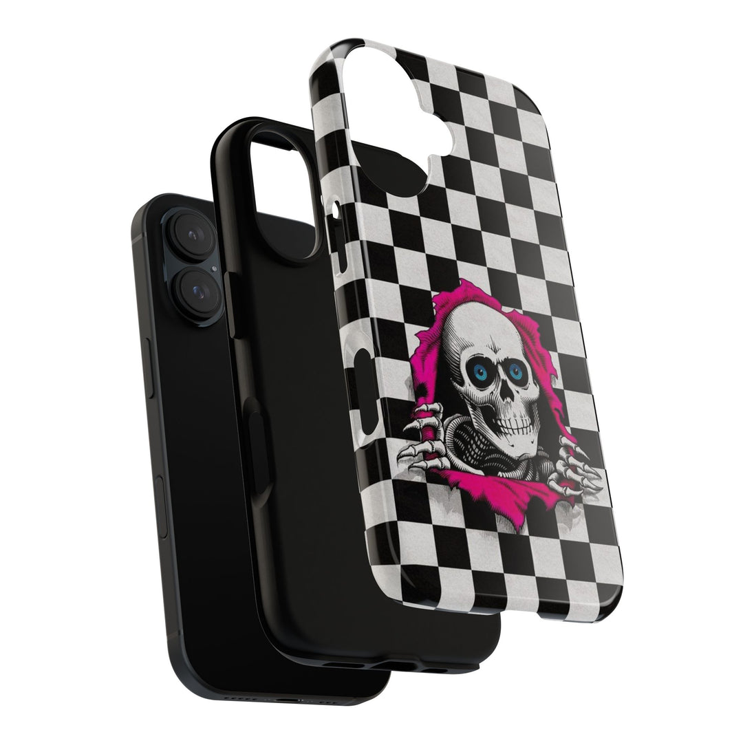 Punk Skull Checker Phone Case – Retro Skeleton Art Design Cover for iPhone 16 15 14 13 12 11 Pro Max Plus Galaxy S24.99 S24 S23 Ultra
