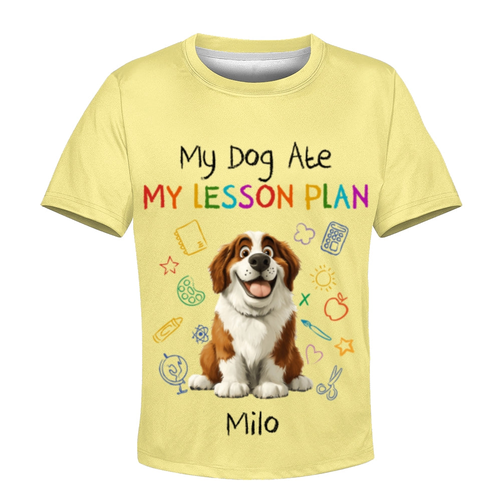 Custom Kids 3D T-Shirt – Personalized Funny "My Dog Ate My Lesson Plan" with Dog & Name
