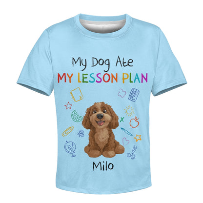 Custom Kids 3D T-Shirt – Personalized Funny "My Dog Ate My Lesson Plan" with Dog & Name