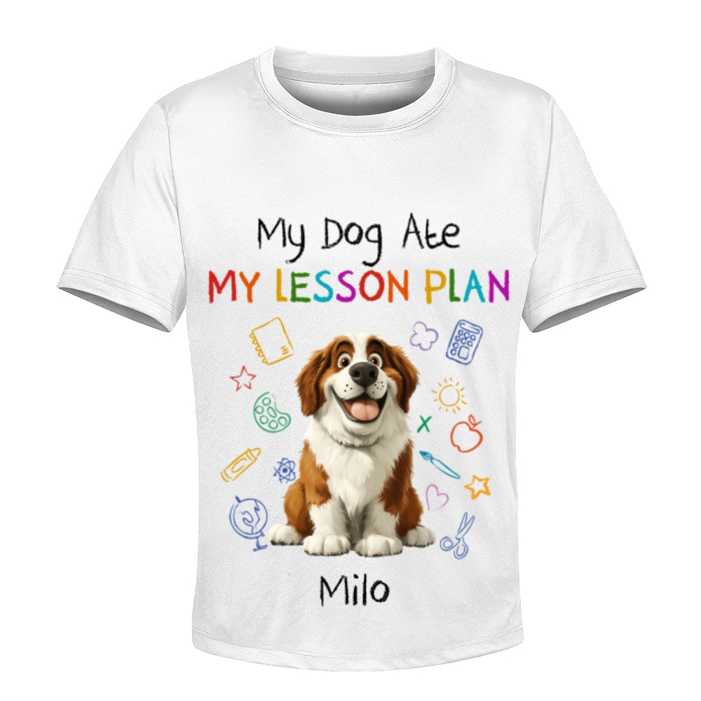 Custom Kids 3D T-Shirt – Personalized Funny "My Dog Ate My Lesson Plan" with Dog & Name