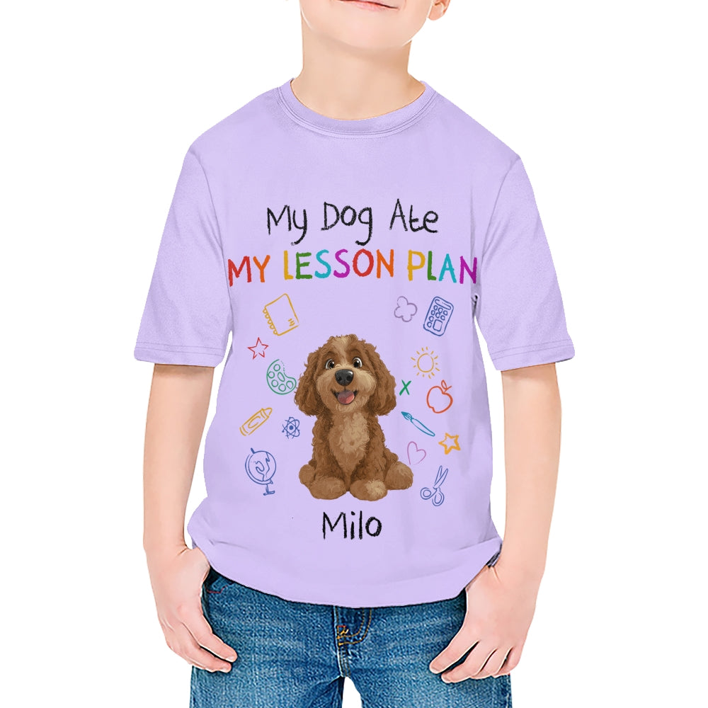 Custom Kids 3D T-Shirt – Personalized Funny "My Dog Ate My Lesson Plan" with Dog & Name