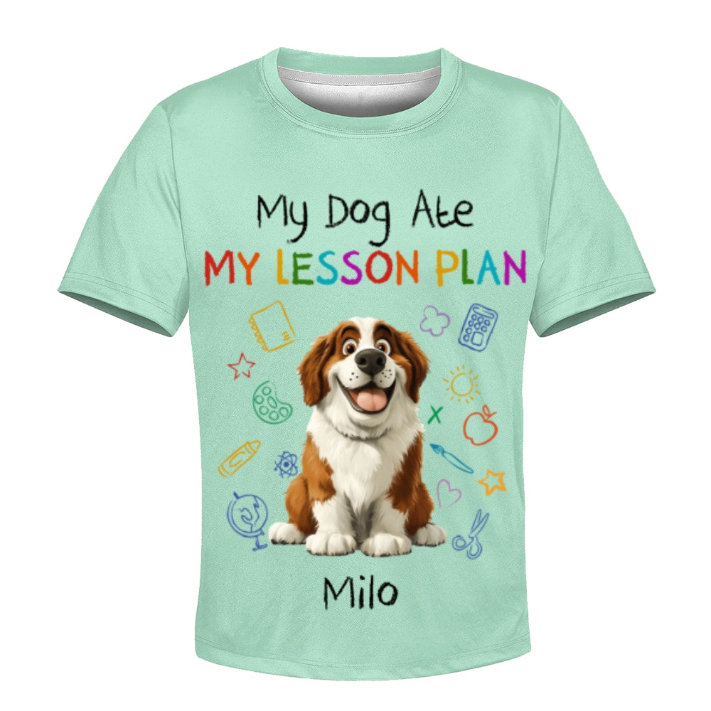 Custom Kids 3D T-Shirt – Personalized Funny "My Dog Ate My Lesson Plan" with Dog & Name