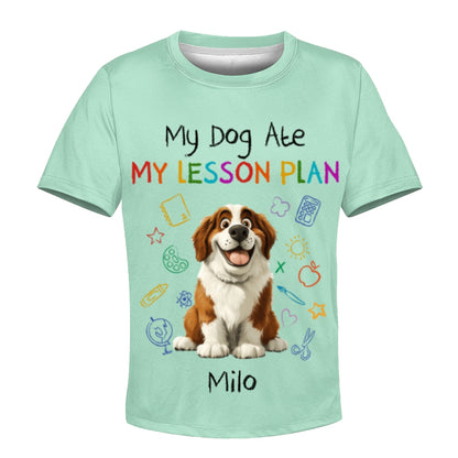 Custom Kids 3D T-Shirt – Personalized Funny "My Dog Ate My Lesson Plan" with Dog & Name