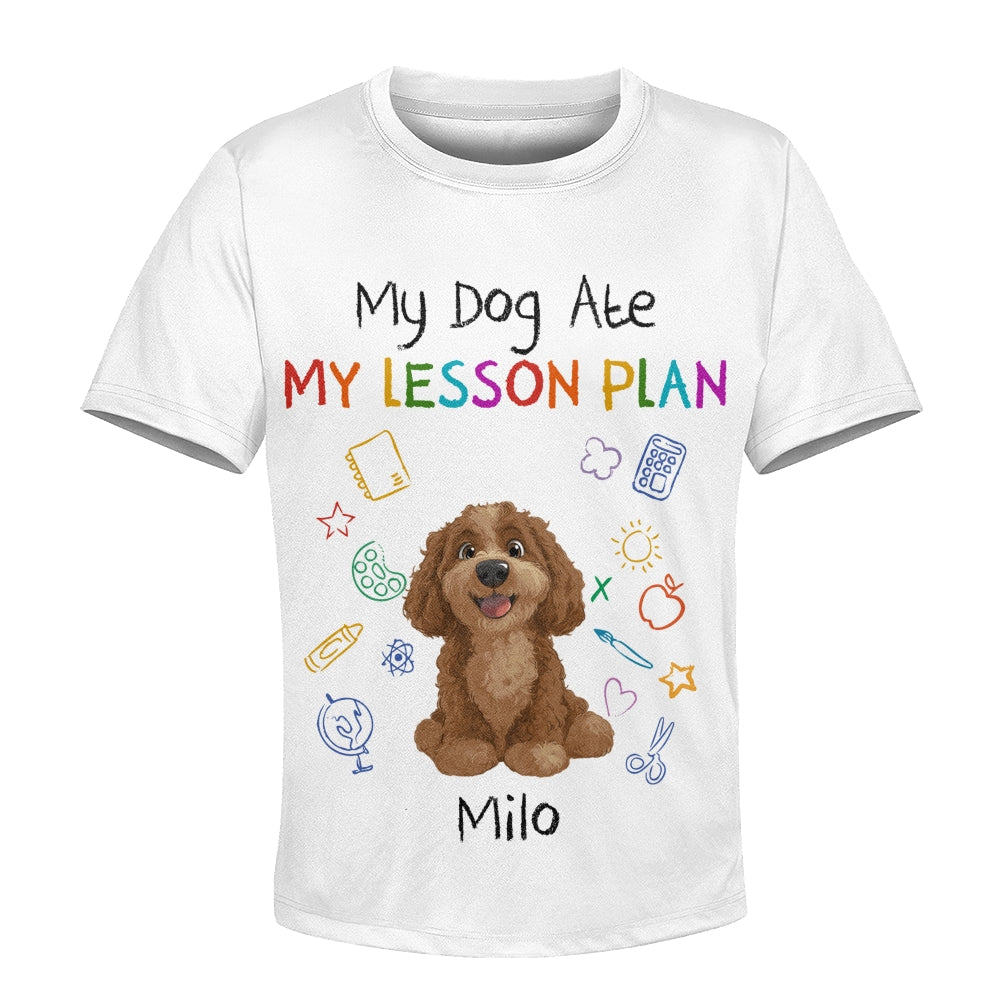 Custom Kids 3D T-Shirt – Personalized Funny "My Dog Ate My Lesson Plan" with Dog & Name