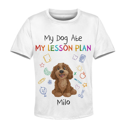 Custom Kids 3D T-Shirt – Personalized Funny "My Dog Ate My Lesson Plan" with Dog & Name