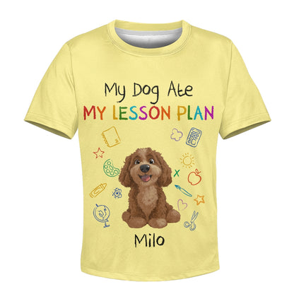 Custom Kids 3D T-Shirt – Personalized Funny "My Dog Ate My Lesson Plan" with Dog & Name