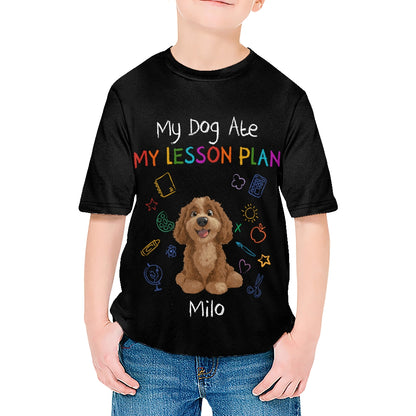 Custom Kids 3D T-Shirt – Personalized Funny "My Dog Ate My Lesson Plan" with Dog & Name