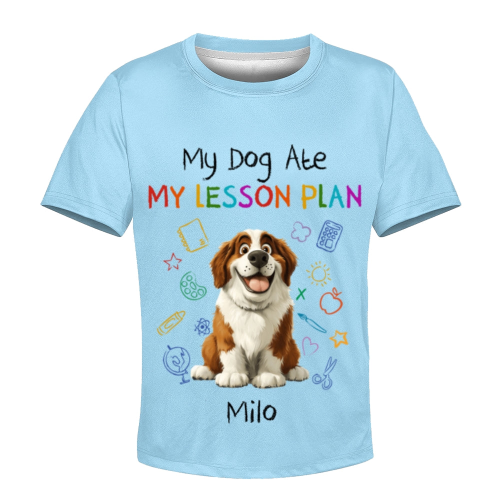 Custom Kids 3D T-Shirt – Personalized Funny "My Dog Ate My Lesson Plan" with Dog & Name