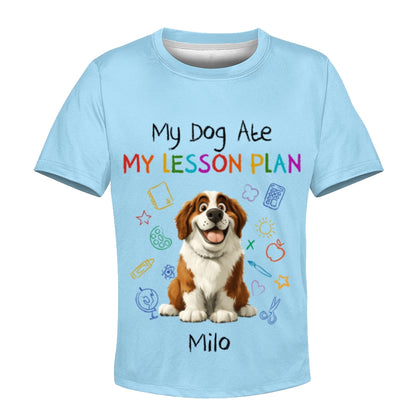 Custom Kids 3D T-Shirt – Personalized Funny "My Dog Ate My Lesson Plan" with Dog & Name