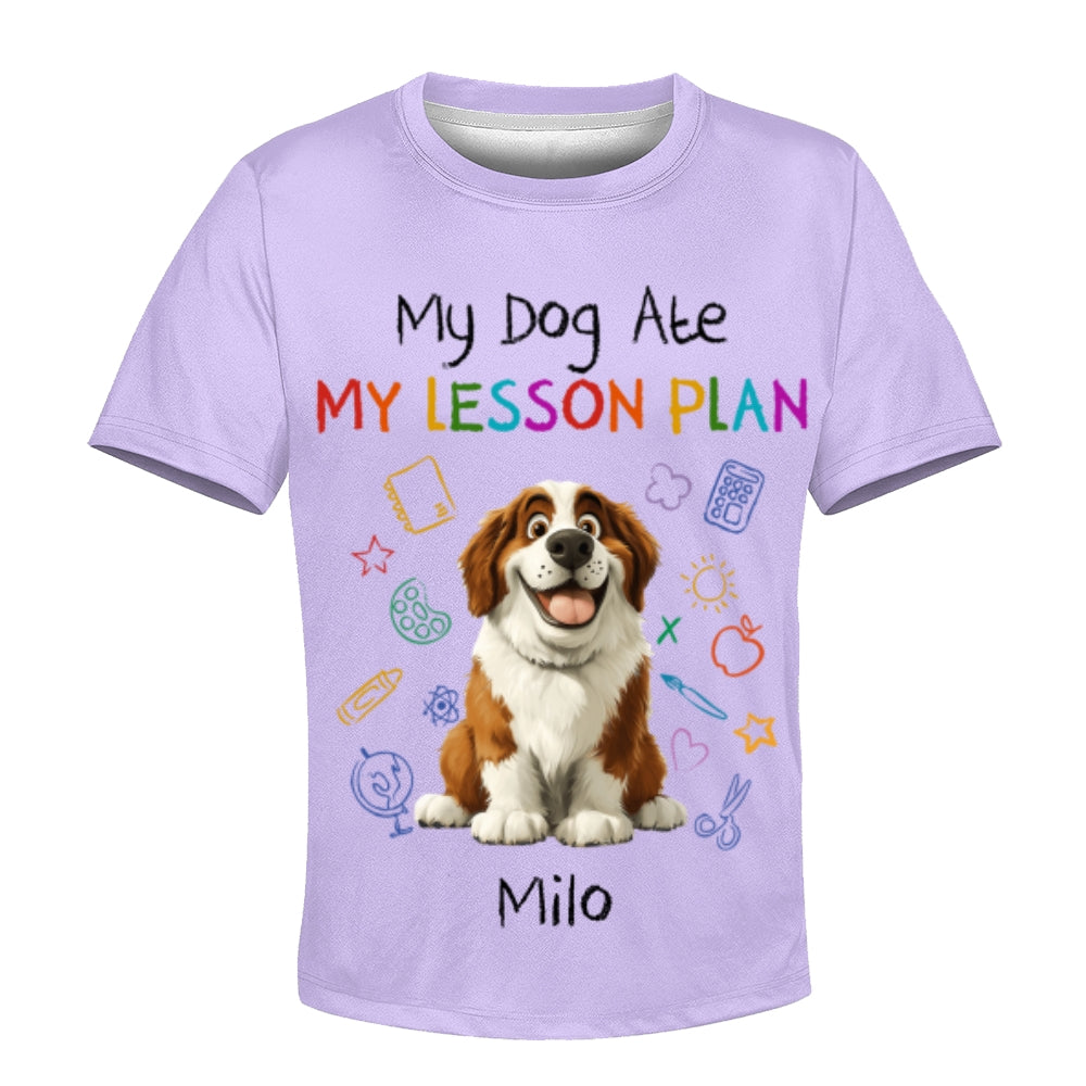 Custom Kids 3D T-Shirt – Personalized Funny "My Dog Ate My Lesson Plan" with Dog & Name