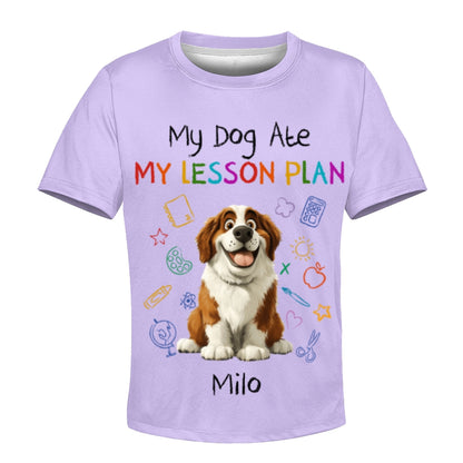 Custom Kids 3D T-Shirt – Personalized Funny "My Dog Ate My Lesson Plan" with Dog & Name