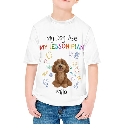 Custom Kids 3D T-Shirt – Personalized Funny "My Dog Ate My Lesson Plan" with Dog & Name