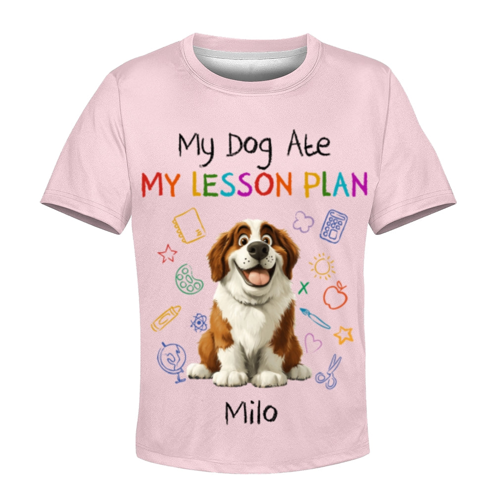 Custom Kids 3D T-Shirt – Personalized Funny "My Dog Ate My Lesson Plan" with Dog & Name