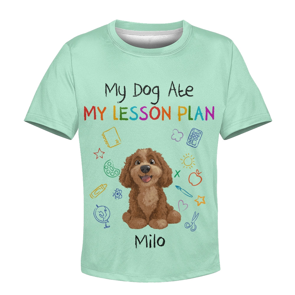 Custom Kids 3D T-Shirt – Personalized Funny "My Dog Ate My Lesson Plan" with Dog & Name