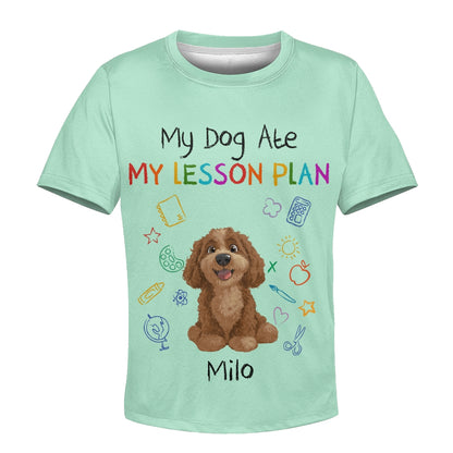 Custom Kids 3D T-Shirt – Personalized Funny "My Dog Ate My Lesson Plan" with Dog & Name