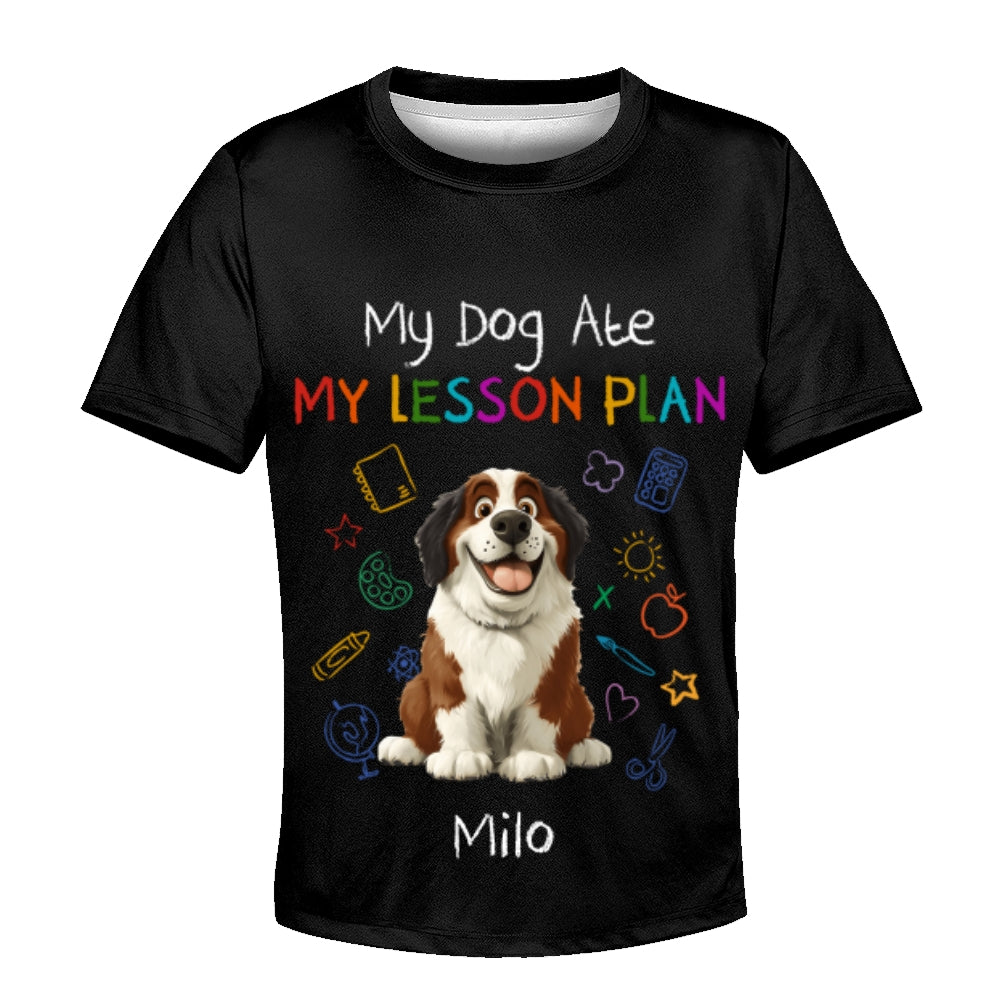 Custom Kids 3D T-Shirt – Personalized Funny "My Dog Ate My Lesson Plan" with Dog & Name