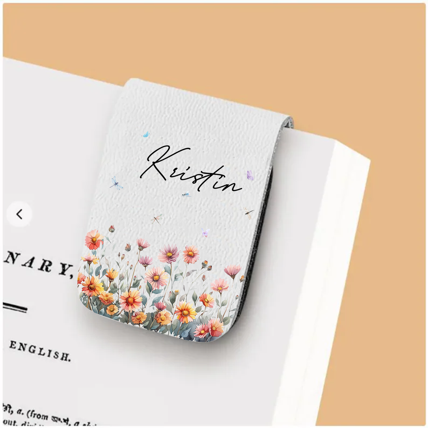 Floral Leather Magnetic Bookmark – Personalized Custom Name Bookmark for Book Lovers, Teachers & Readers, Elegant Flower Design Gift for Her