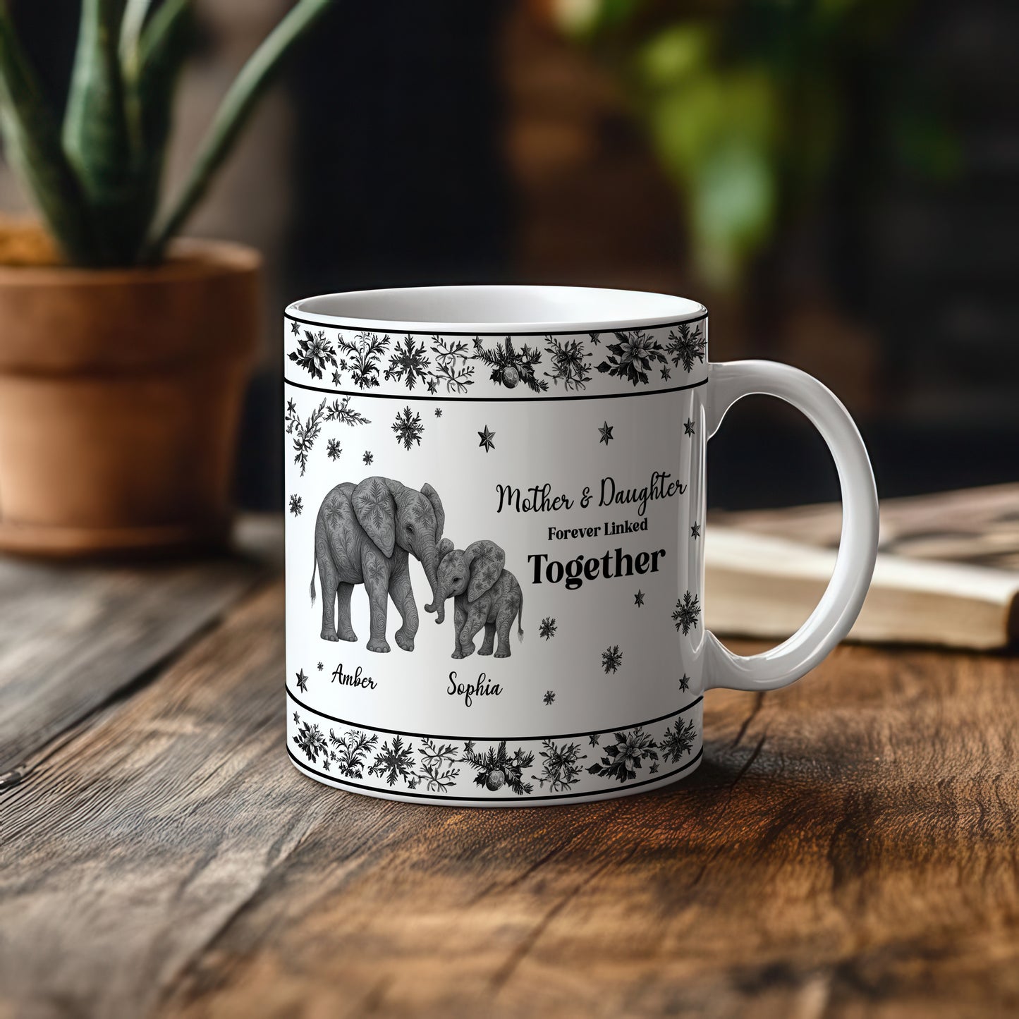 Mug 3DCustom Mother & Daughter / Mother & Son Elephant Mug – “Forever Linked Together” - Personalized Names ,Toile de Jouy Floral Elephant Design