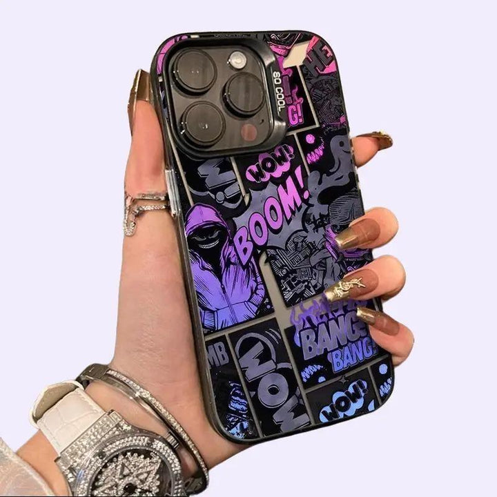 Graffiti Black and Purple Cartoon Design Mobile Phone Case, Beautiful and Fashionable Anti-fall Protective Case For iPhone 7 8 X 11 12 13 14 15 16 Pro Max Plus