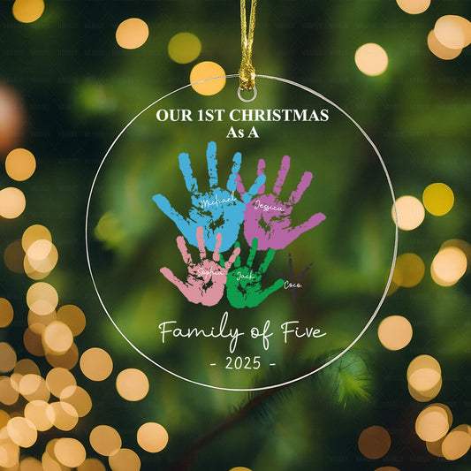 First Christmas As A Family Of Four Handprints - Personalized Circle Glass Ornament