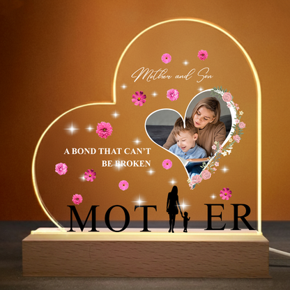 Custom Heart LED Lamp Plaque – Personalized Father Mother Son Daughter Gift with Photo – A Bond That Can’t Be Broken Keepsake