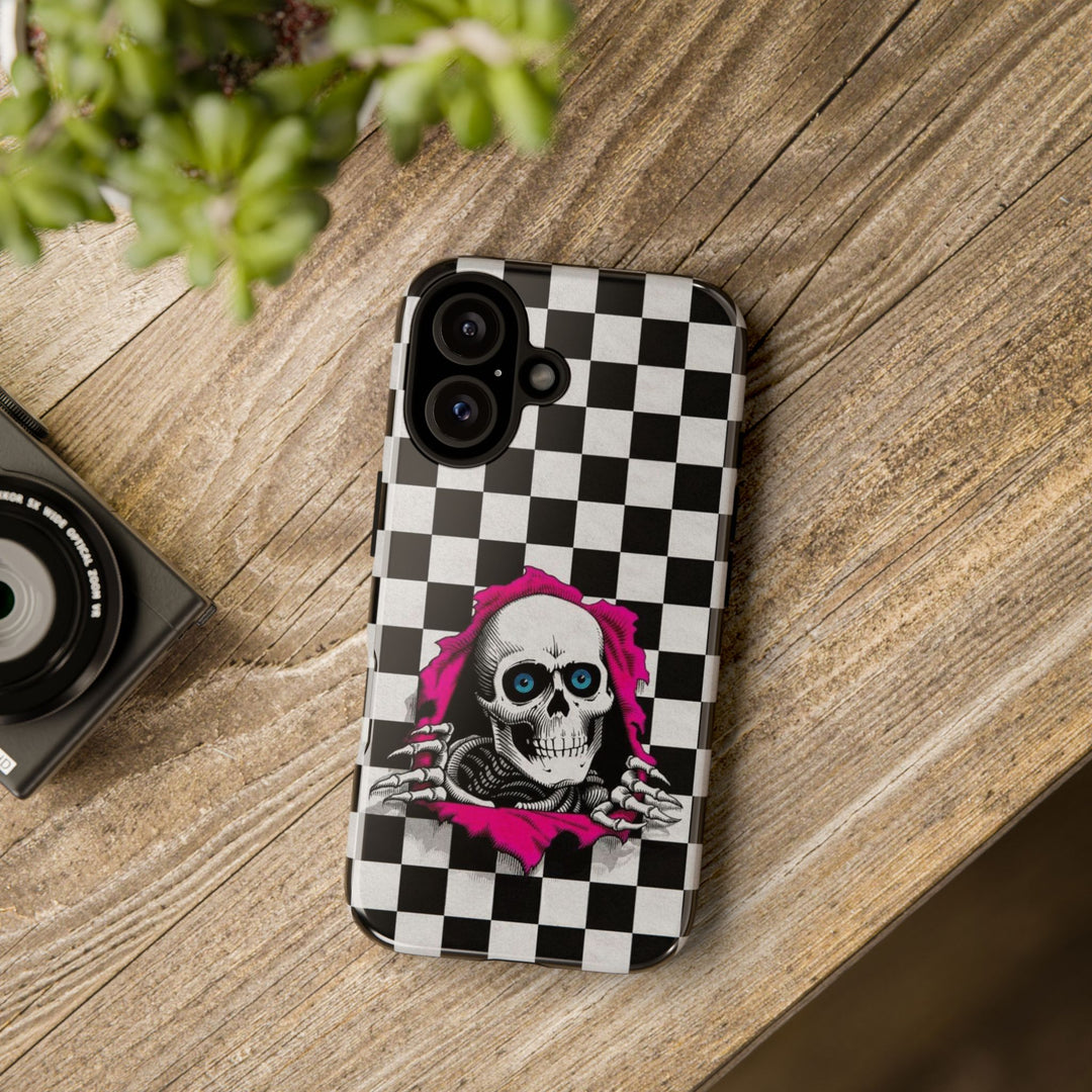 Punk Skull Checker Phone Case – Retro Skeleton Art Design Cover for iPhone 16 15 14 13 12 11 Pro Max Plus Galaxy S24.99 S24 S23 Ultra