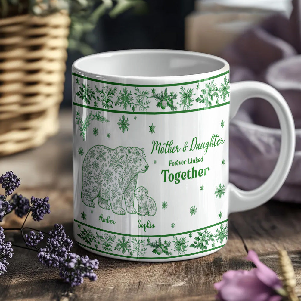 Custom Mother & Daughter / Mother & Son Mug – “Forever Linked Together”  Personalized Names , Toile de Jouy Snowflake Bear Design