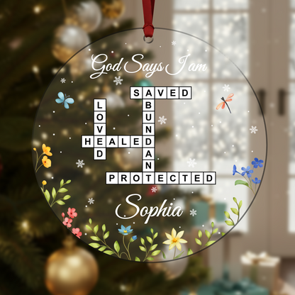 Custom “God Says I Am” Acrylic Ornament – Personalized Christian Gift with Name and Scripture Words