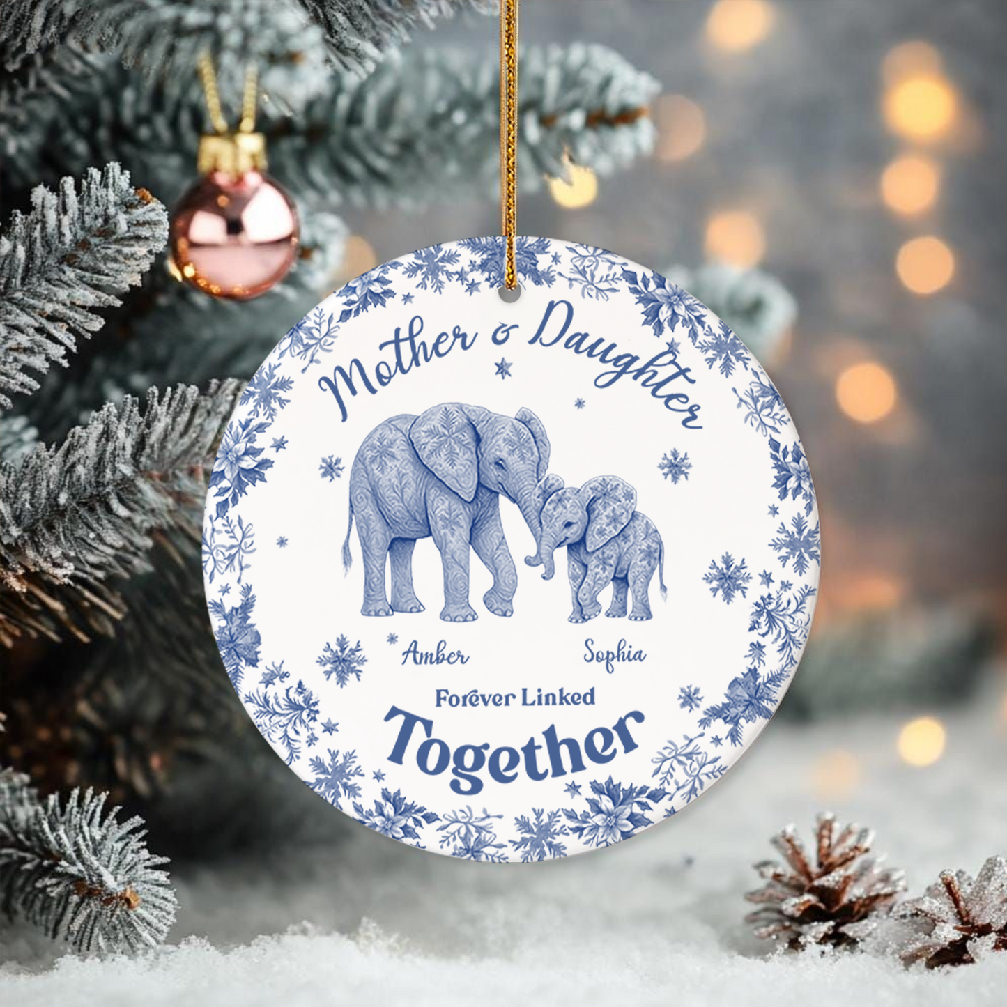 Custom Elephant Toile de Jouy Ceramic Ornament – Personalized Circle Ceramic Gift for Mom & Daughter/Son, Forever Linked Together