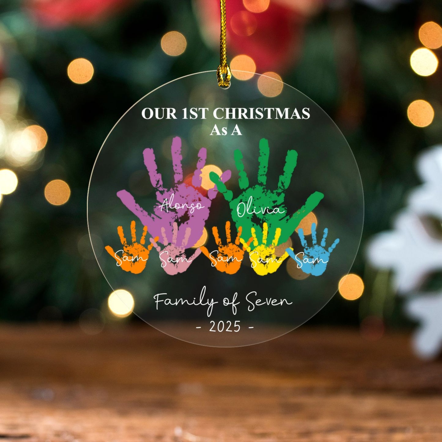 First Christmas As A Family Of Four Handprints - Personalized Circle Glass Ornament