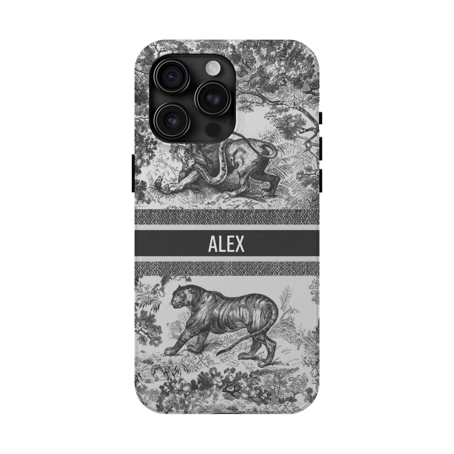 Custom Luxury Toile De Jouy Inspired Phone Case – Personalized Name Clear iPhone 12 13 14 15 16 Pro Max, Samsung 21 22 23 24 24.99 Plus/Ultra Cover