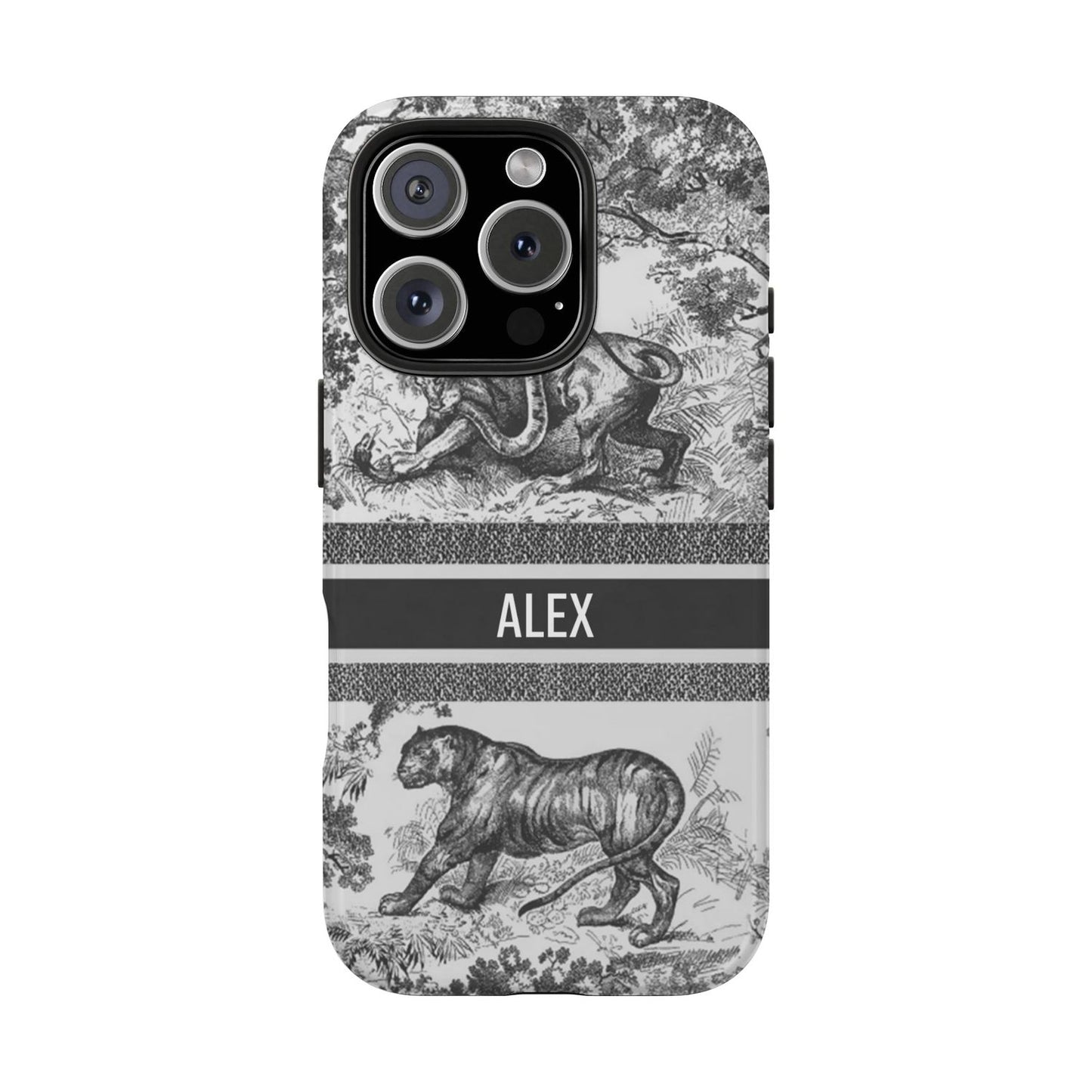 Custom Luxury Toile De Jouy Inspired Phone Case – Personalized Name Clear iPhone 12 13 14 15 16 Pro Max, Samsung 21 22 23 24 24.99 Plus/Ultra Cover