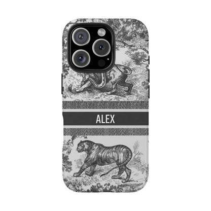 Custom Luxury Toile De Jouy Inspired Phone Case – Personalized Name Clear iPhone 12 13 14 15 16 Pro Max, Samsung 21 22 23 24 24.99 Plus/Ultra Cover