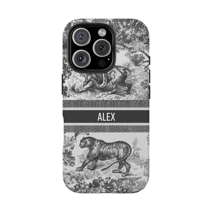 Custom Luxury Toile De Jouy Inspired Phone Case – Personalized Name Clear iPhone 12 13 14 15 16 Pro Max, Samsung 21 22 23 24 24.99 Plus/Ultra Cover