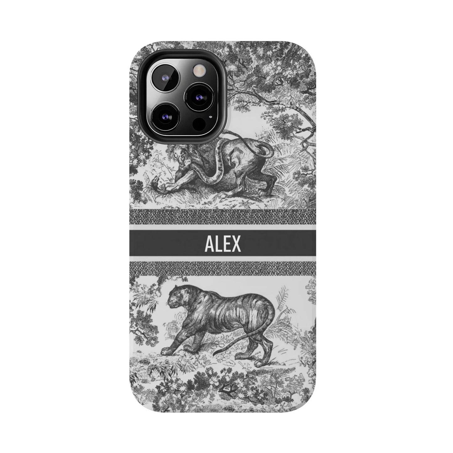 Custom Luxury Toile De Jouy Inspired Phone Case – Personalized Name Clear iPhone 12 13 14 15 16 Pro Max, Samsung 21 22 23 24 24.99 Plus/Ultra Cover