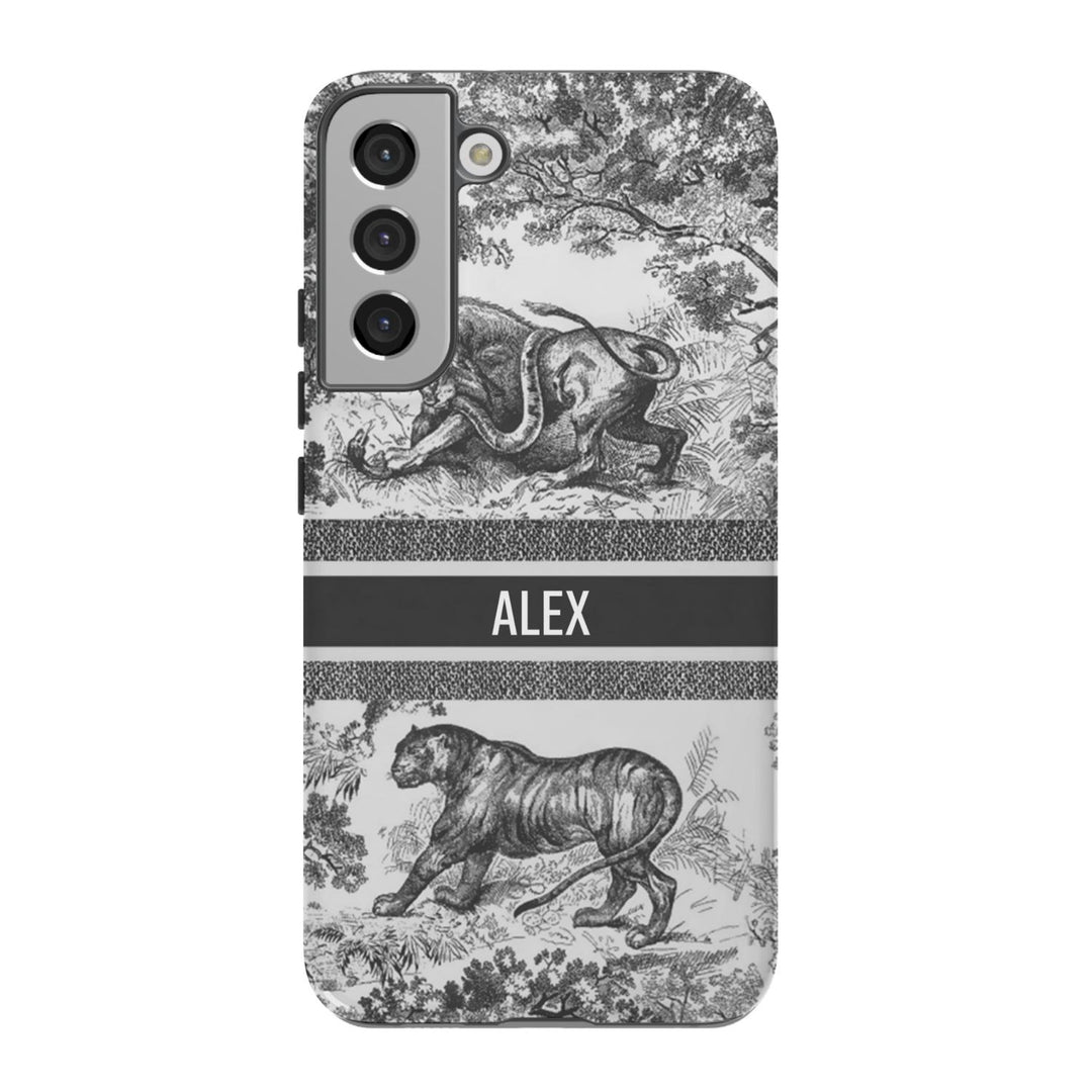 Custom Luxury Toile De Jouy Inspired Phone Case – Personalized Name Clear iPhone 12 13 14 15 16 Pro Max, Samsung 21 22 23 24 24.99 Plus/Ultra Cover