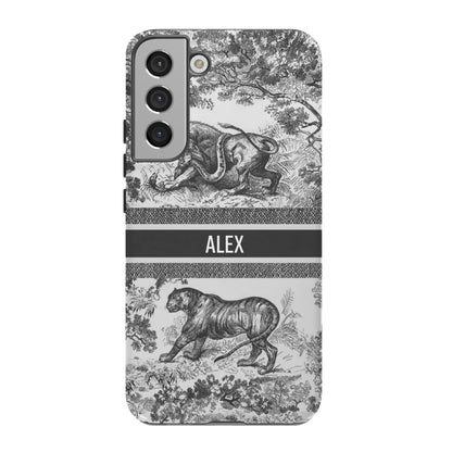 Custom Luxury Toile De Jouy Inspired Phone Case – Personalized Name Clear iPhone 12 13 14 15 16 Pro Max, Samsung 21 22 23 24 24.99 Plus/Ultra Cover