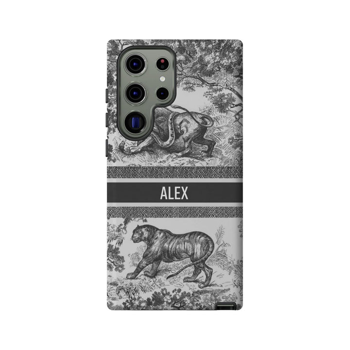 Custom Luxury Toile De Jouy Inspired Phone Case – Personalized Name Clear iPhone 12 13 14 15 16 Pro Max, Samsung 21 22 23 24 24.99 Plus/Ultra Cover