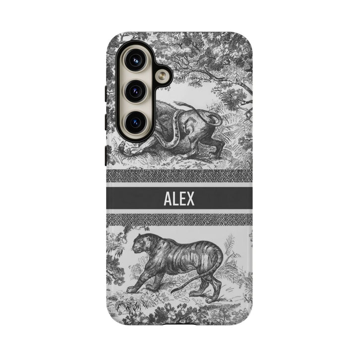 Custom Luxury Toile De Jouy Inspired Phone Case – Personalized Name Clear iPhone 12 13 14 15 16 Pro Max, Samsung 21 22 23 24 24.99 Plus/Ultra Cover