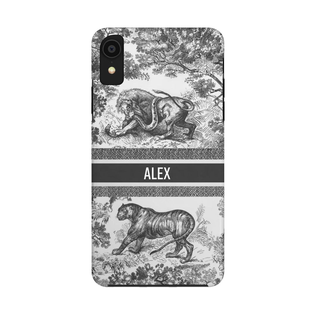 Custom Luxury Toile De Jouy Inspired Phone Case – Personalized Name Clear iPhone 12 13 14 15 16 Pro Max, Samsung 21 22 23 24 24.99 Plus/Ultra Cover