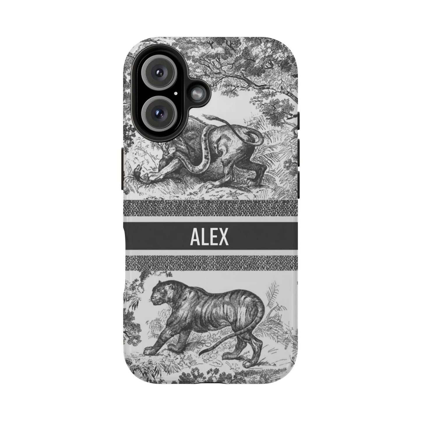 Custom Luxury Toile De Jouy Inspired Phone Case – Personalized Name Clear iPhone 12 13 14 15 16 Pro Max, Samsung 21 22 23 24 24.99 Plus/Ultra Cover