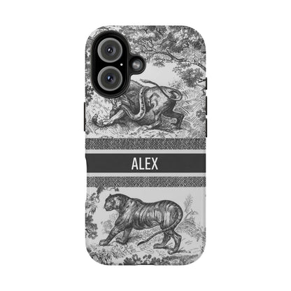 Custom Luxury Toile De Jouy Inspired Phone Case – Personalized Name Clear iPhone 12 13 14 15 16 Pro Max, Samsung 21 22 23 24 24.99 Plus/Ultra Cover