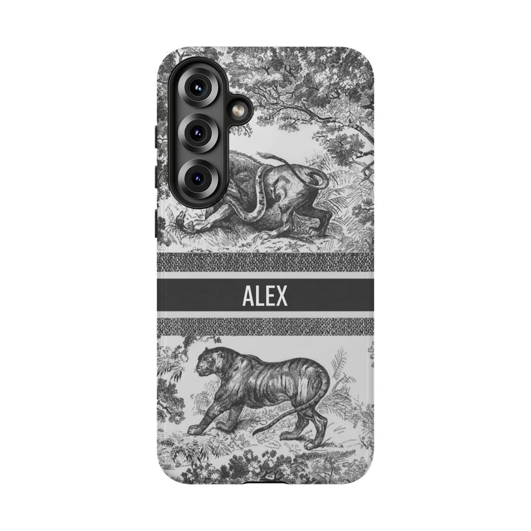 Custom Luxury Toile De Jouy Inspired Phone Case – Personalized Name Clear iPhone 12 13 14 15 16 Pro Max, Samsung 21 22 23 24 24.99 Plus/Ultra Cover