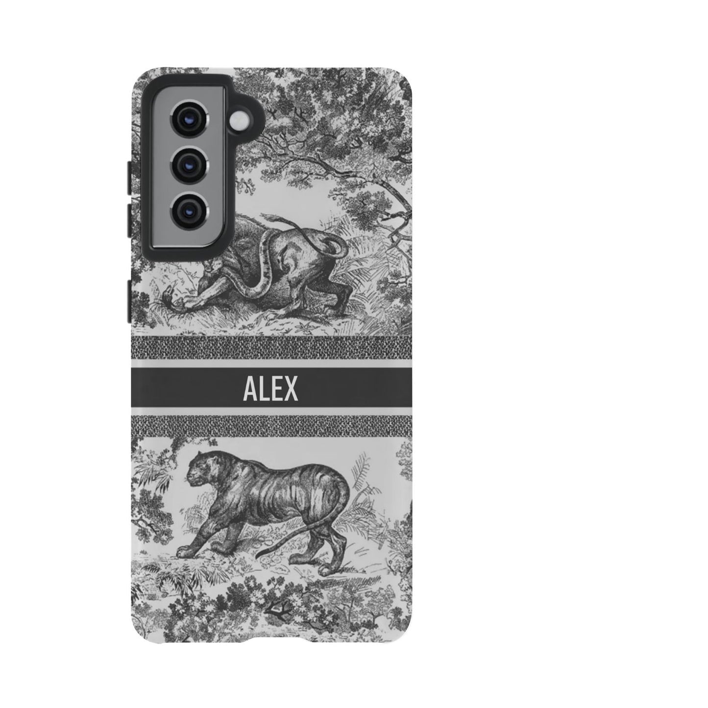 Custom Luxury Toile De Jouy Inspired Phone Case – Personalized Name Clear iPhone 12 13 14 15 16 Pro Max, Samsung 21 22 23 24 24.99 Plus/Ultra Cover