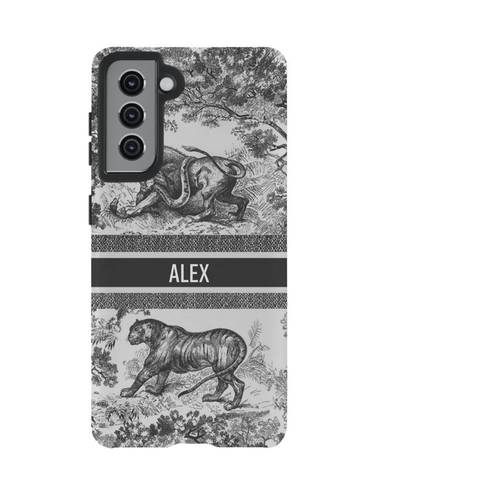 Custom Luxury Toile De Jouy Inspired Phone Case – Personalized Name Clear iPhone 12 13 14 15 16 Pro Max, Samsung 21 22 23 24 24.99 Plus/Ultra Cover