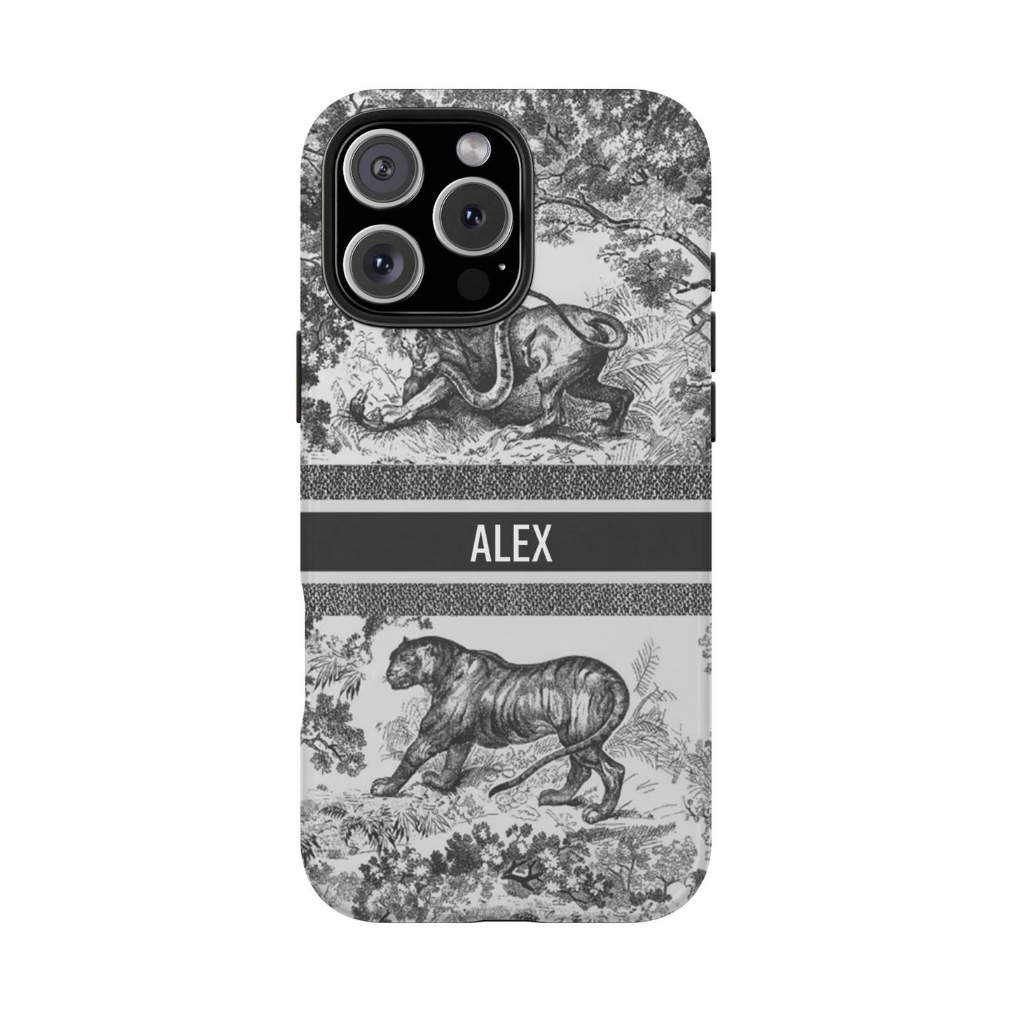 Custom Luxury Toile De Jouy Inspired Phone Case – Personalized Name Clear iPhone 12 13 14 15 16 Pro Max, Samsung 21 22 23 24 24.99 Plus/Ultra Cover