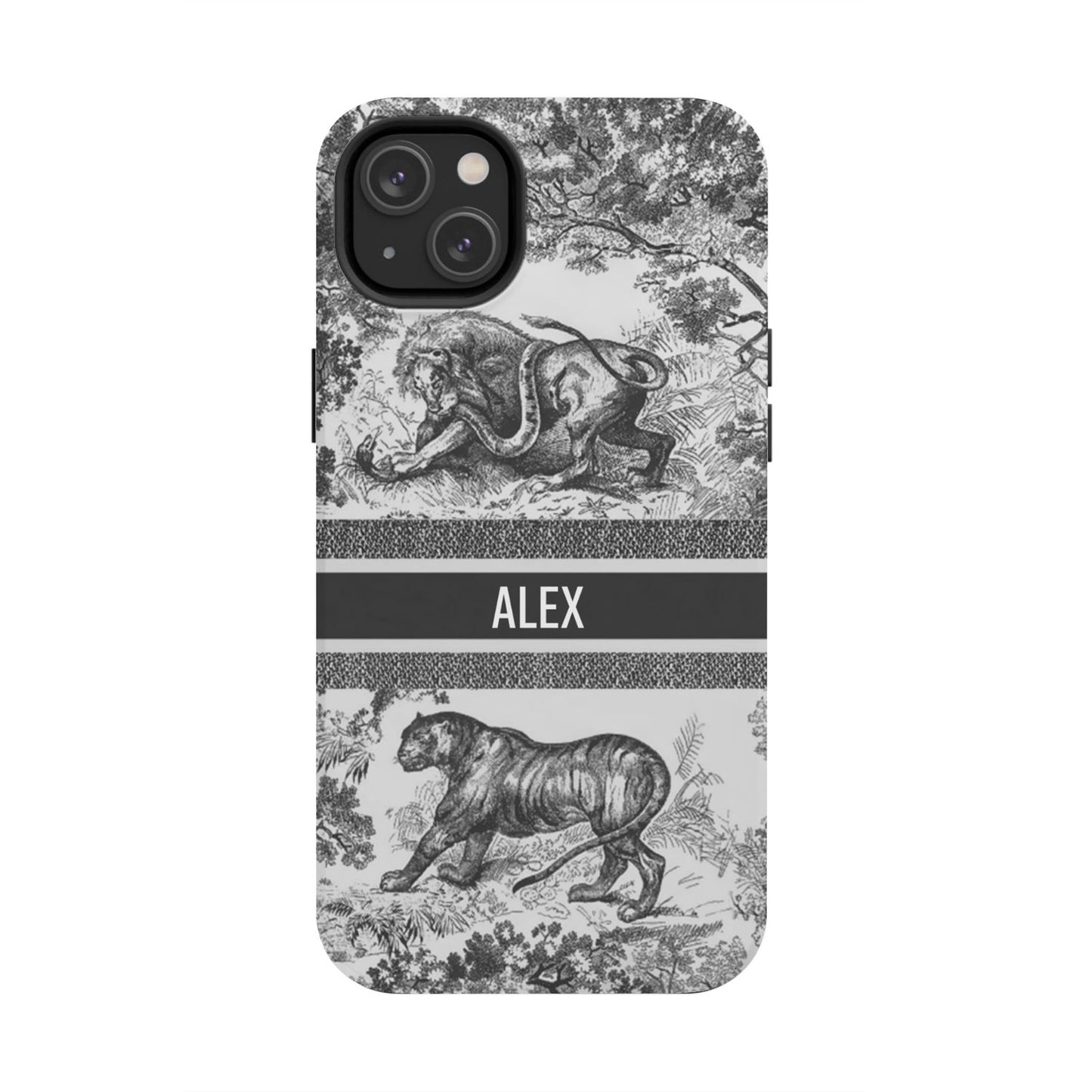 Custom Luxury Toile De Jouy Inspired Phone Case – Personalized Name Clear iPhone 12 13 14 15 16 Pro Max, Samsung 21 22 23 24 24.99 Plus/Ultra Cover